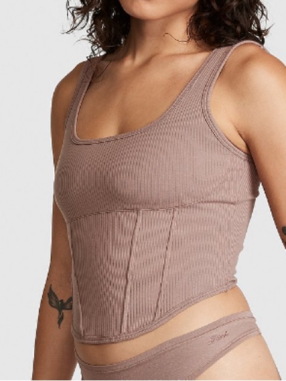 PINK Victoria's Secret Ribbed Cinched Corset Tank in Iced Coffee